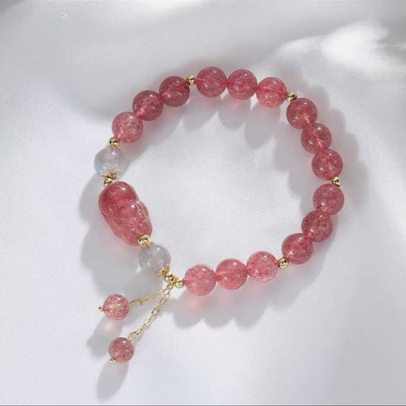 Natural Strawberry Quartz Moonstone PiXiu Love Healing Bracelet NWT - Picture 5 of 12
